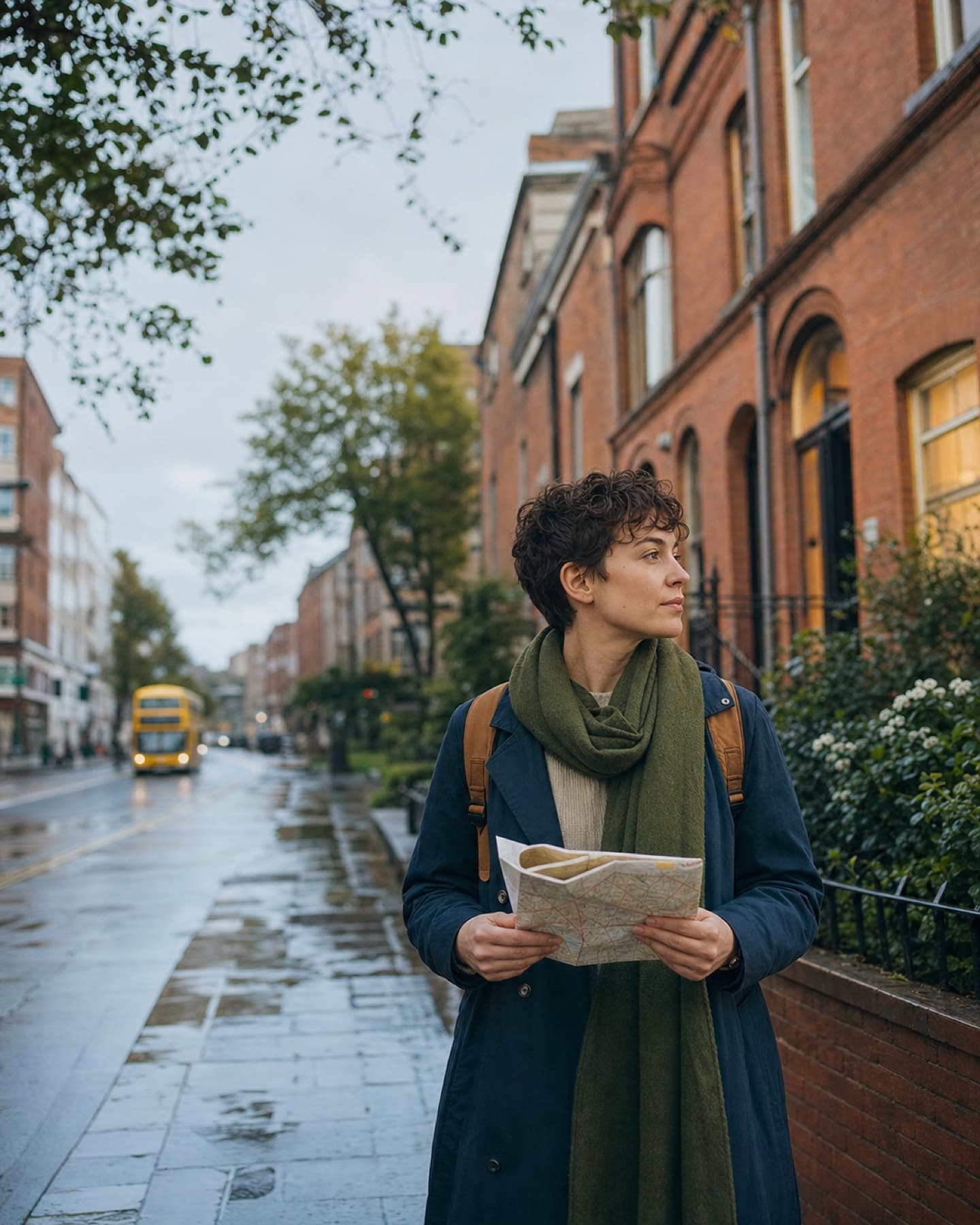 A newcomer finding their way through a Dublin neighbourhood after rain